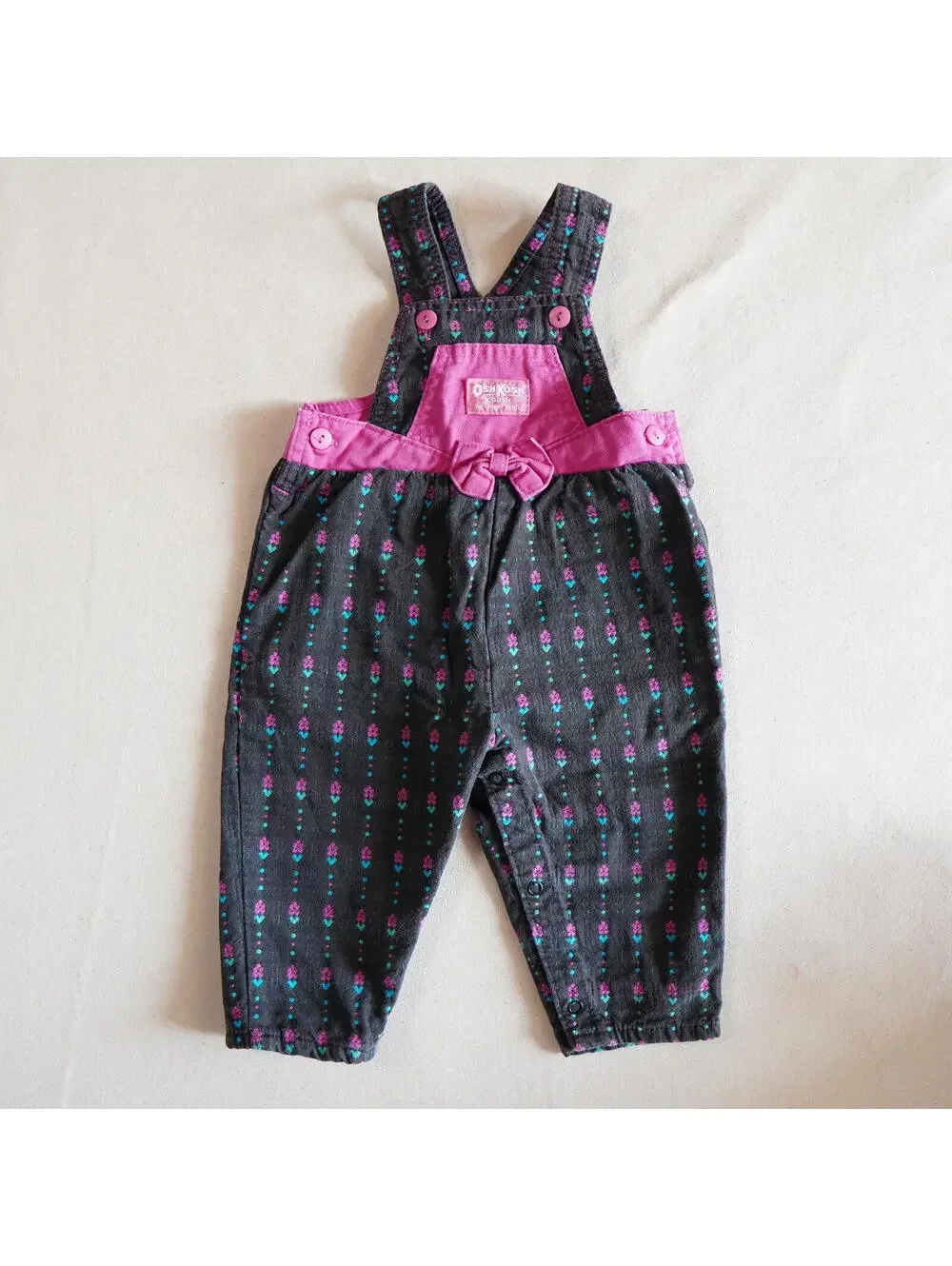 Vintage OshKosh B'gosh Baby Girl 18M Woven Cotton Floral Overalls 90's USA